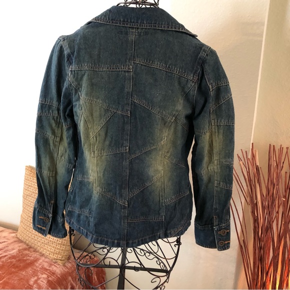 Jennyfer J denim Jean jacket front pockets distressed Patchwork Medium. EC* - Picture 8 of 14